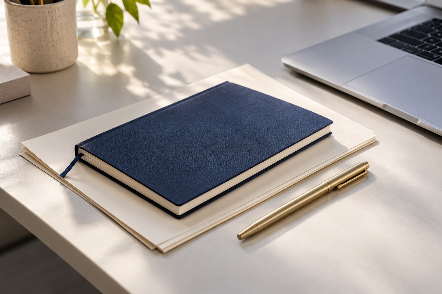 Ein aufgeräumter Arbeitsplatz mit Unterlagen, Notizbuch und Laptop